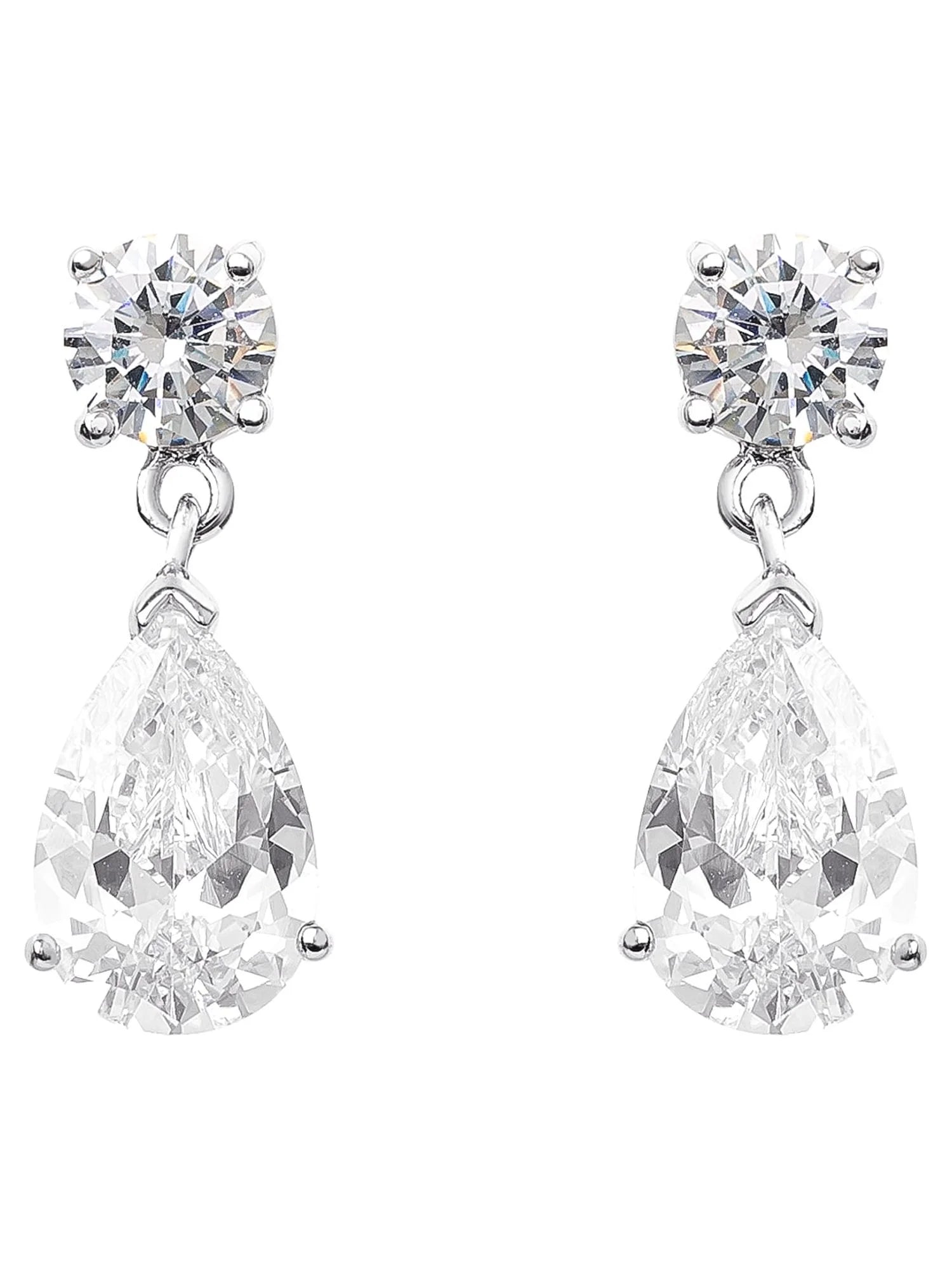 Women'S Sterling Silver and Cubic Zirconia Double Stone Pear Drop Earrings