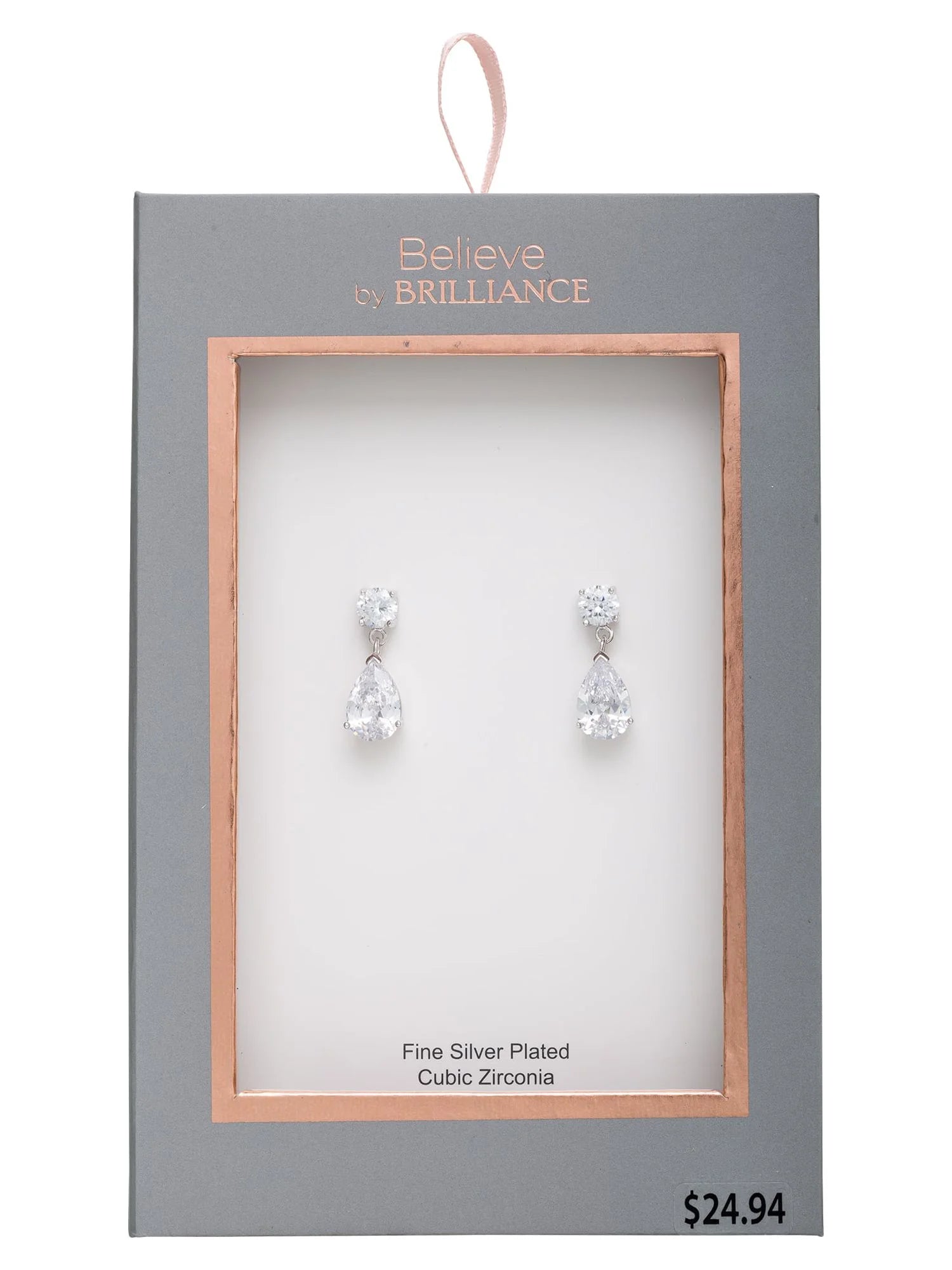 Women'S Sterling Silver and Cubic Zirconia Double Stone Pear Drop Earrings